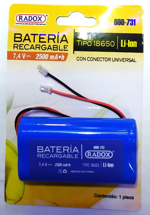 BATERIA RECARGABLE LI-ION 7.4 V 2500mA TIPO 18650.                 LIPO-7.4/2500MA