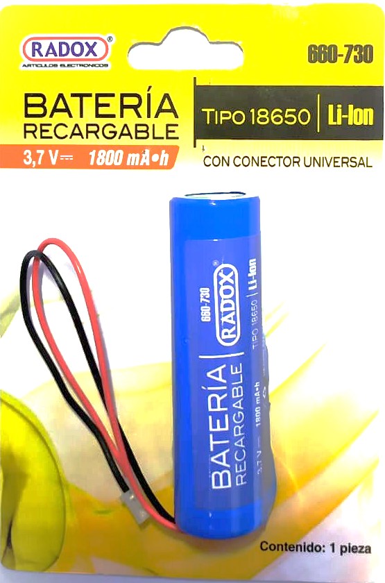 BATERIA RECARGABLE LI-ION 3.7V 1800mA TIPO 18650.                LIPO-3.7/1800MA.