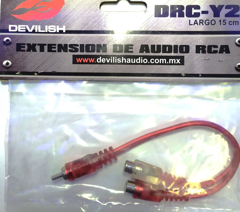 EXTENCION DE AUDIO 1 PLUG RCA A 2 JACK RCA DEVILISH TIPO Y 15cm DE  LARGO.               DRC-Y2.